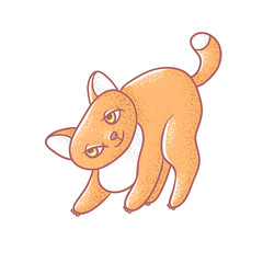 Textured color vector isolated illustration of cute emotional ginger kitten. The face of a cat expresses coquetry. Pussycat is playfully arched back. Drawn lines and painted a picture of the pet.