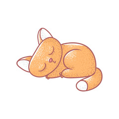 Textured color vector isolated illustration of cute emotional ginger kitten. The face of a cat expresses calm. Pussycat is sleeping curled up. Drawn lines and painted a picture of the pet.
