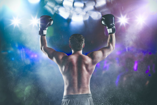 Back view of man boxer with raised hands in victory gesture