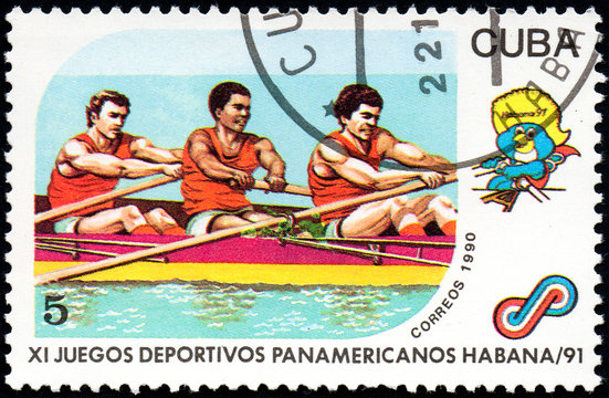 UKRAINE - CIRCA 2017: A postage stamp printed in Cuba shows Rowing from series 11th Pan American Games, circa 1990