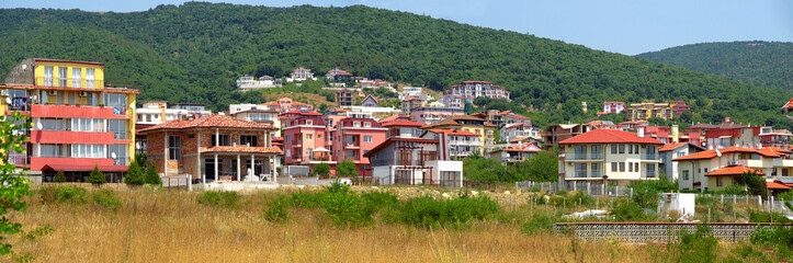 A small resort town in the Balkan mountains in Bulgaria panorama of the many beautiful houses