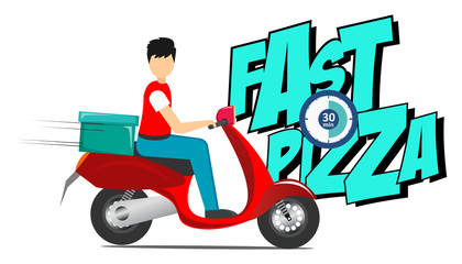 30 minute fast pizza delivery boy on the scooter vector illustration 