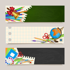 Set of three back to school banners with student items on notebook page and blackboard background, cartoon vector illustration. Set of horizontal back to school banners with student items