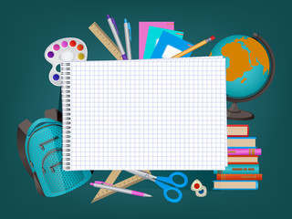 Back to school banner, poster design with empty squared notebook page and student items on the background, cartoon vector illustration. Back to school banner with empty notebook page and student items