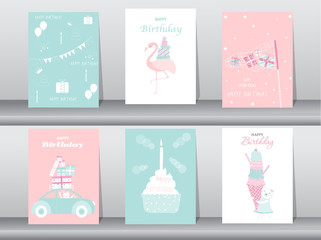 Set of birthday invitations cards,poster,greeting,template,cake,rabbit,flamingo,bear,Vector illustrations