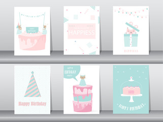 Set of birthday invitations cards,poster,greeting,template,cat,cake,rabbit,Vector illustrations