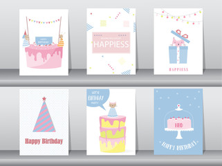 Set of birthday invitations cards,poster,greeting,template,cat,cake,rabbit,Vector illustrations