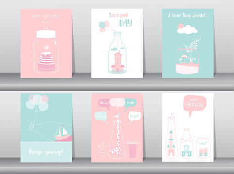 Set of birthday invitations cards,poster,greeting,template,bottle,home,house,Vector illustrations