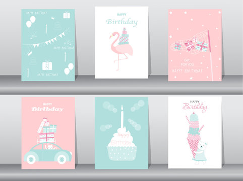 Set of birthday invitations cards,poster,greeting,template,cake,rabbit,flamingo,bear,Vector illustrations