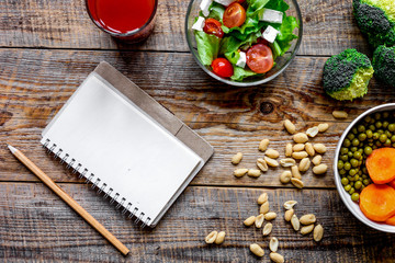 concept diet, slimming plan with vegetables top view mock up