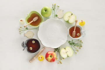 Rosh hashanah (jewish New Year holiday) concept. Traditional symbols