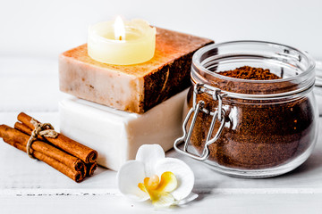 Preparation for spa treatments on white background