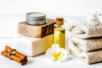 Preparation for spa treatments on white background