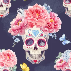 Printed kitchen splashbacks Human skull in flowers Watercolor skull seamless pattern