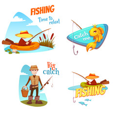 The set of vector illustrations with the fishermen and the different fish.
