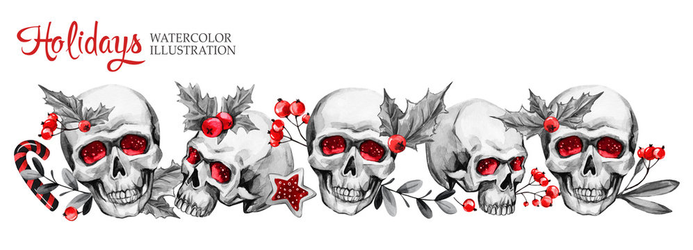 Watercolor horizontal garland of sketchy skulls, berries, leaves. Cretive New Year. Celebration illustration. Can be use in winter holidays design.