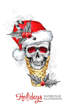 Watercolor illustration. Hand painted waffle cone with skull in Santa hat. Funny ice cream dessert. Christmas, New Year symbol.