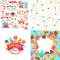 Set of ice cream elements, frame, and pattern isolated on white. 