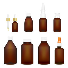 Set for package design. Realistic vector brown mock-up for medicines, cosmetics, tablets, drops, oils and vitamins