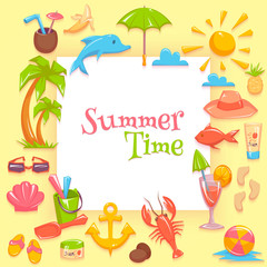 Vector illustration of different things for vacations rounding the frame with summer time lettering. 