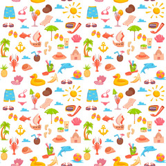 Seamless pattern with different elements dedicated to the sea vacation isolated on white. Vector illustration.