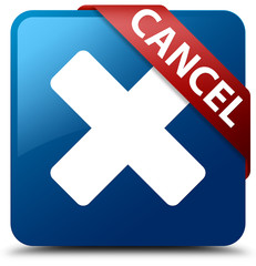 Cancel blue square button red ribbon in corner