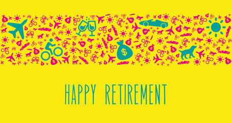 Fototapeta na wymiar Happy Retirement Congratulation vector card with funny icons