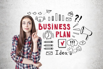 Creative girl with a thumb up, business plan