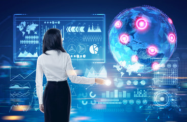 Earth hologram with graphs and place marks, girl