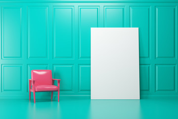 Green room, pink armchair, poster