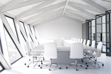 Attic meeting room, white ceiling close up