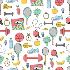 Seamless pattern of fitness and sport elements,fruits and vegetables