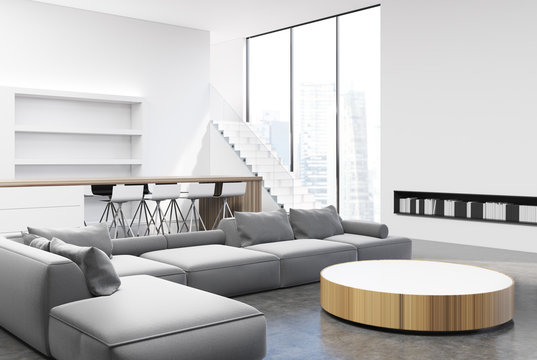 Living room interior, gray sofas, corner