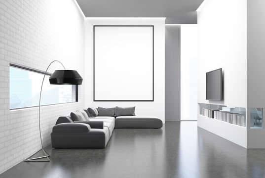 Gray sofa living room, TV set and poster