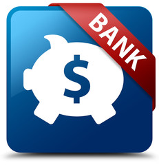 Bank (piggy box dollar sign) blue square button red ribbon in corner