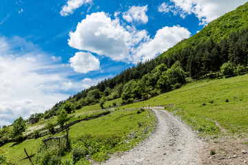 Slope of the Alpine meadow with a picturesque gravel road against a blue sky with white clouds