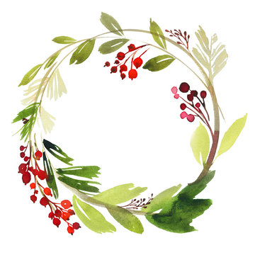 Christmas wreath with berries watercolor postcard.