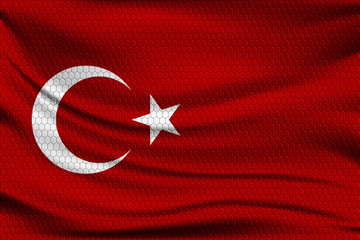 National flag of Turkey on wavy fabric with a volumetric pattern of hexagons. Vector illustration.