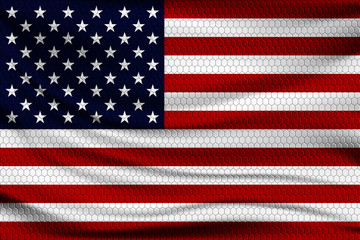 National flag of USA on wavy fabric with a volumetric pattern of hexagons. Vector illustration.