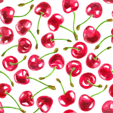 Seamless watercolor pattern with red cherries on white background. Element for design.