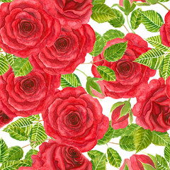 Red roses with leaves and buds. Seamless pattern element.