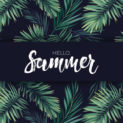 Obraz premium Summer tropical vector design for banner or flyer with dark green palm leaves and white lettering.