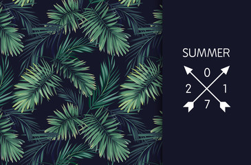 Fototapeta premium Summer tropical vector design for banner or flyer with dark green palm leaves and space for text.