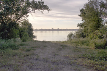 the road between the trees on the Bank of the river Volga