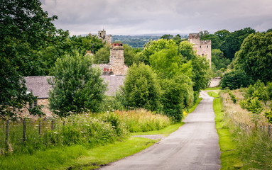 Buildings by a country lane