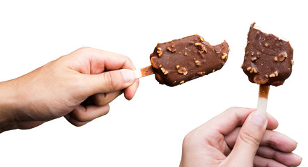 hand holding Chocolate almonds Ice cream bite bar isolate on white background