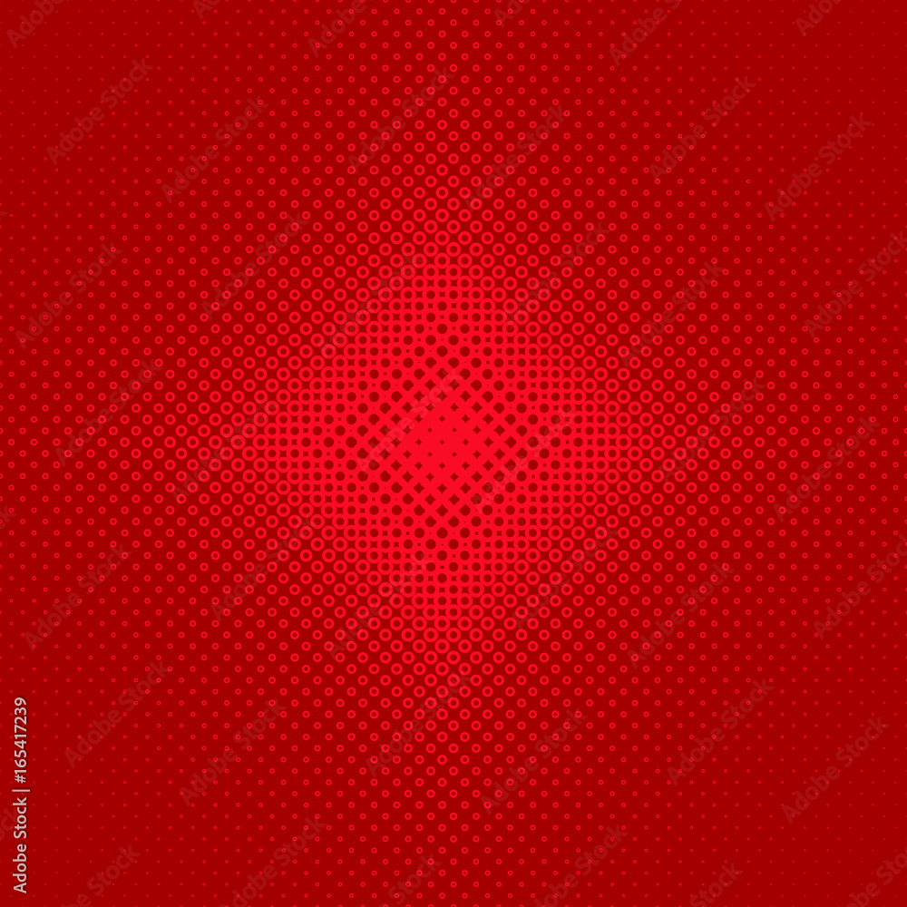 Poster red symmetrical halftone circle pattern background - vector graphic design from circles in varying s