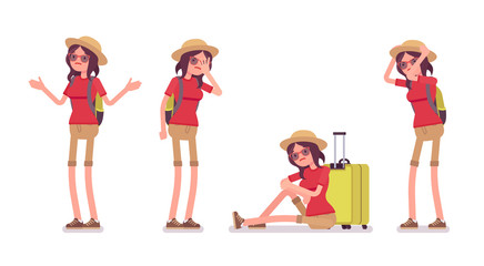 Tourist woman negative emotions set