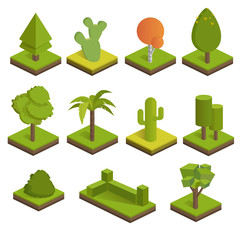 Set isometric 3d trees. Big and small trees,bush,palm tree,cactus,spruce.Vector icons for isometric maps, games and your design.