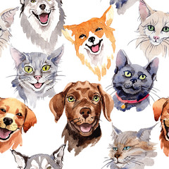 Naklejka premium Exotic cat and dog wild animal pattern in a watercolor style. Full name of the animal: cat and dog. Aquarelle wild animal for background, texture, wrapper pattern or tattoo.